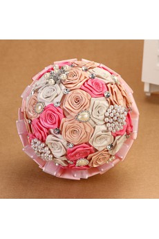 Round Shape Ivory and Pink Fabric Wedding Bridal Bouquet with Rhinestone and Imitation Pearls