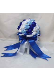 Round Shape Sky Blue and Royal Blue and White Fabric Wedding Bridal Bouquet with Rhinestone