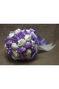 Round Shape Light Purple and Light White Fabric Wedding Bridal Bouquet with Rhinestone