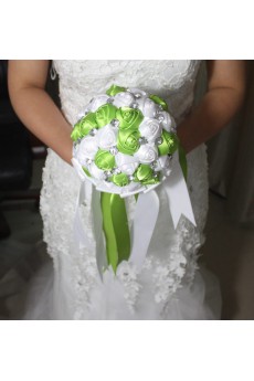 Round Shape Dark Green and White Fabric Wedding Bridal Bouquet with Rhinestone
