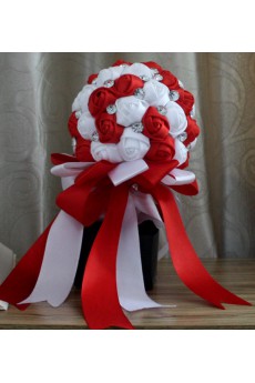 Round Shape Red and White Fabric Wedding Bridal Bouquet with Rhinestone