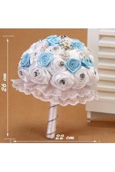 Round Shape Sky Blue and White Fabric Wedding Bridal Bouquet with Rhinestone and Imitation Pearls