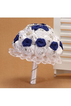 Round Shape Royal Blue and White Fabric Wedding Bridal Bouquet with Rhinestone and Imitation Pearls