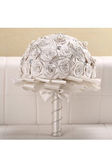 Luxurious Ivory Round Shape Fabric Wedding Bridal Bouquet with Rhinestone and Imitation Pearls