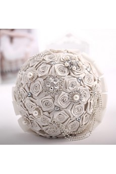Luxurious Ivory Round Shape Fabric Wedding Bridal Bouquet with Rhinestone and Imitation Pearls