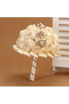 Round Shape Light White Fabric Wedding Bridal Bouquet with Rhinestone and Imitation Pearls