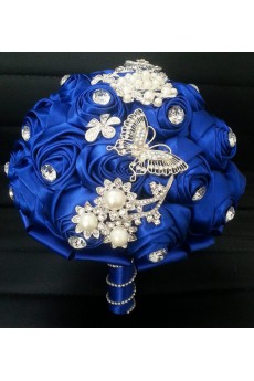 Round Shape Royal Blue Fabric Wedding Bridal Bouquet with Rhinestone and Imitation Pearls