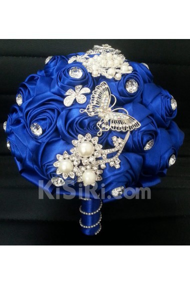 Round Shape Royal Blue Fabric Wedding Bridal Bouquet with Rhinestone and Imitation Pearls