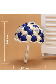 Round Shape Royal Blue and Light White Fabric Wedding Bridal Bouquet with Rhinestone and Imitation Pearls
