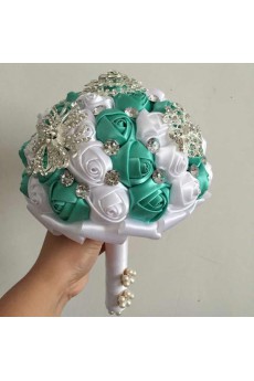Round Shape Blue and White Fabric Wedding Bridal Bouquet with Rhinestone and Imitation Pearls