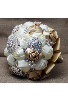 Round Shape Light White and Coffee Silk Wedding Bridal Bouquet with Imitation Pearls and Rhinestone