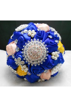 Round Shape Yellow and Royal Blue Silk Wedding Bridal Bouquet with Imitation Pearls and Rhinestone