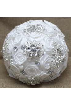 Round Shape White Satin Wedding Bridal Bouquet with Imitation Pearls and Rhinestone