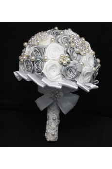 Round Shape White and Silver Satin Wedding Bridal Bouquet with Imitation Pearls and Rhinestone