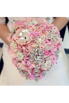 Pink Satin Wedding Bridal Bouquet with Rhinestone and Imitation Pearls