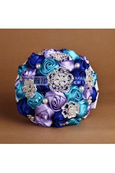 Sky Blue and Royal Blue and Light Purple Satin Wedding Bridal Bouquet with Rhinestone and Imitation Pearls