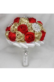 Red and Champagne Satin Wedding Bridal Bouquet with Rhinestone and Imitation Pearls