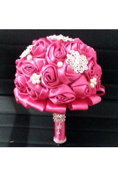 Fuchsia Satin Wedding Bridal Bouquet with Rhinestone and Imitation Pearls