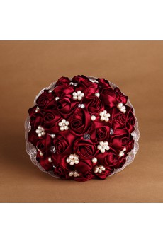 Burgundy Satin Wedding Bridal Bouquet with Imitation Pearls and Rhinestone