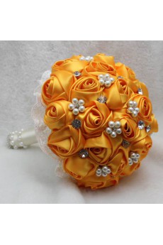Yellow Satin Wedding Bridal Bouquet with Imitation Pearls and Rhinestone
