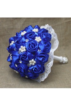 Royal Blue Satin Wedding Bridal Bouquet with Imitation Pearls and Rhinestone