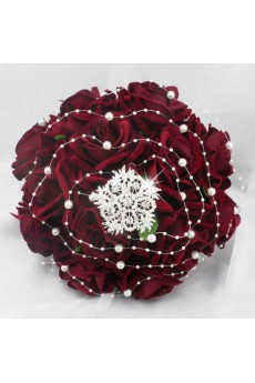 Burgundy Flannel Rose Wedding Bridal Bouquet with Rhinestone and Imitation Pearls