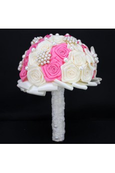 Round Shape Candy Pink and Light White Satin Wedding Bridal Bouquet with Imitation Pearls