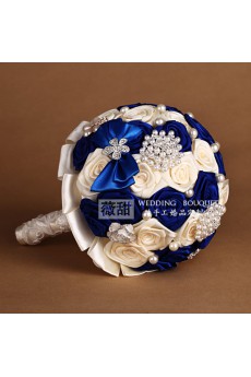 Round Shape Royal Blue and Light White Fabric Wedding Bridal Bouquet with Imitation Pearls and Rhinestone