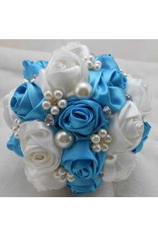 Round Shape Blue-Green and Light White Satin Wedding Bridal Bouquet with Imitation Pearls and Rhinestone