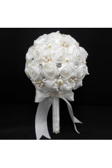 Round Shape Light White Satin Wedding Bridal Bouquet with Imitation Pearls and Rhinestone