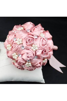 Round Shape Pink Satin Wedding Bridal Bouquet with Imitation Pearls and Rhinestone