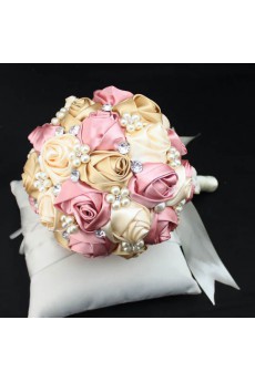 Round Shape Pink and Light White Satin Wedding Bridal Bouquet with Imitation Pearls and Rhinestone