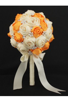 Round Shape Orange and Light White Satin Wedding Bridal Bouquet with Imitation Pearls and Rhinestone