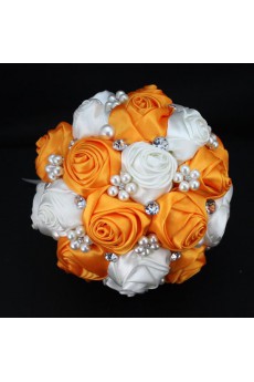 Round Shape Orange and Light White Satin Wedding Bridal Bouquet with Imitation Pearls and Rhinestone