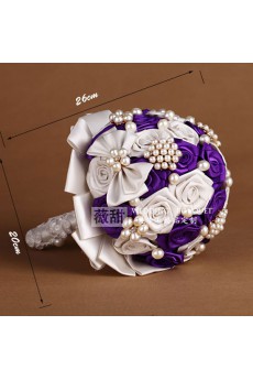 Round Shape Purple and Ivory Satin Wedding Bridal Bouquet with Imitation Pearls and Rhinestone