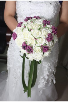 Burgundy and Light White Satin Wedding Bridal Bouquet