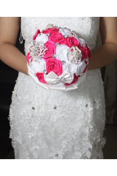 Round Shape Red and White Silk Wedding Bridal Bouquet with Rhinestone and Imitation Pearls