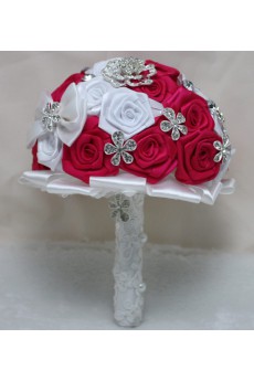 Round Shape Red and White Satin Flowers Wedding Bridal Bouquet with Rhinestone