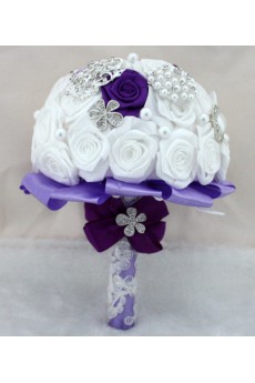 Round Shape Purple and White Satin Flowers Wedding Bridal Bouquet with Rhinestone and Imitation Pearls