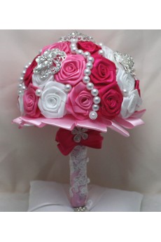 Round Shape Pink and Fuchsia and White Satin Flowers Wedding Bridal Bouquet with Rhinestone and Imitation Pearls