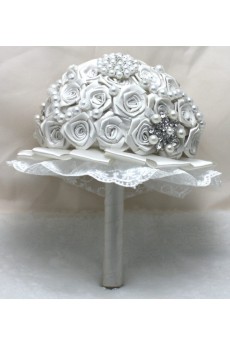 Round Shape White Satin Imitation Pearls Wedding Bridal Bouquet with Rhinestone