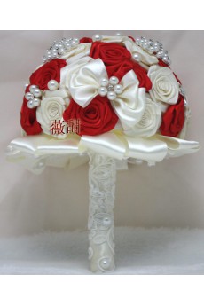 Round Shape Ivory and Red Silk Imitation Pearls Wedding Bridal Bouquet with Rhinestone
