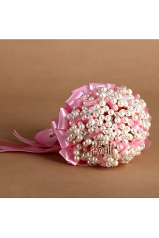 Round Shape Pink Silk Imitation Pearls Wedding Bridal Bouquet with Crystsl