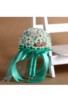 Round Shape Green Silk Imitation Pearls Wedding Bridal Bouquet with Rhinestone