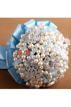 Round Shape Blue Silk Imitation Pearls Wedding Bridal Bouquet with Rhinestone
