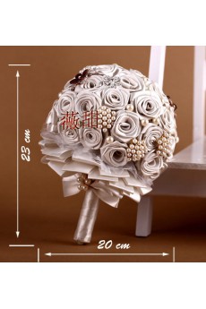 Elegant Round Shape Ivory Fabric Flowers Wedding Bridal Bouquet with Rhinestone and Imitation Pearls