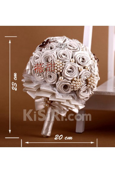 Elegant Round Shape Ivory Fabric Flowers Wedding Bridal Bouquet with Rhinestone and Imitation Pearls