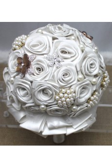 Elegant Round Shape Red Fabric Flowers Wedding Bridal Bouquet with Rhinestone and Imitation Pearls