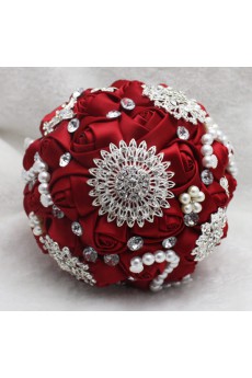 Round Shape Burgundy Lace Flowers Wedding Bridal Bouquet with Rhinestone and Imitation Pearls