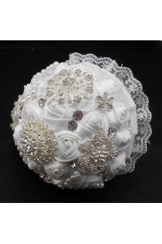 Round Shape White Lace Flowers Wedding Bridal Bouquet with Rhinestone and Imitation Pearls